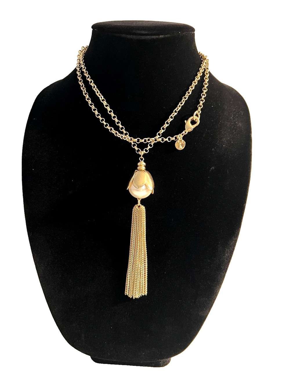TALBOTS Gold Tone Faux Pearl w/ Tassel Dangle Drop Long Chain Necklace